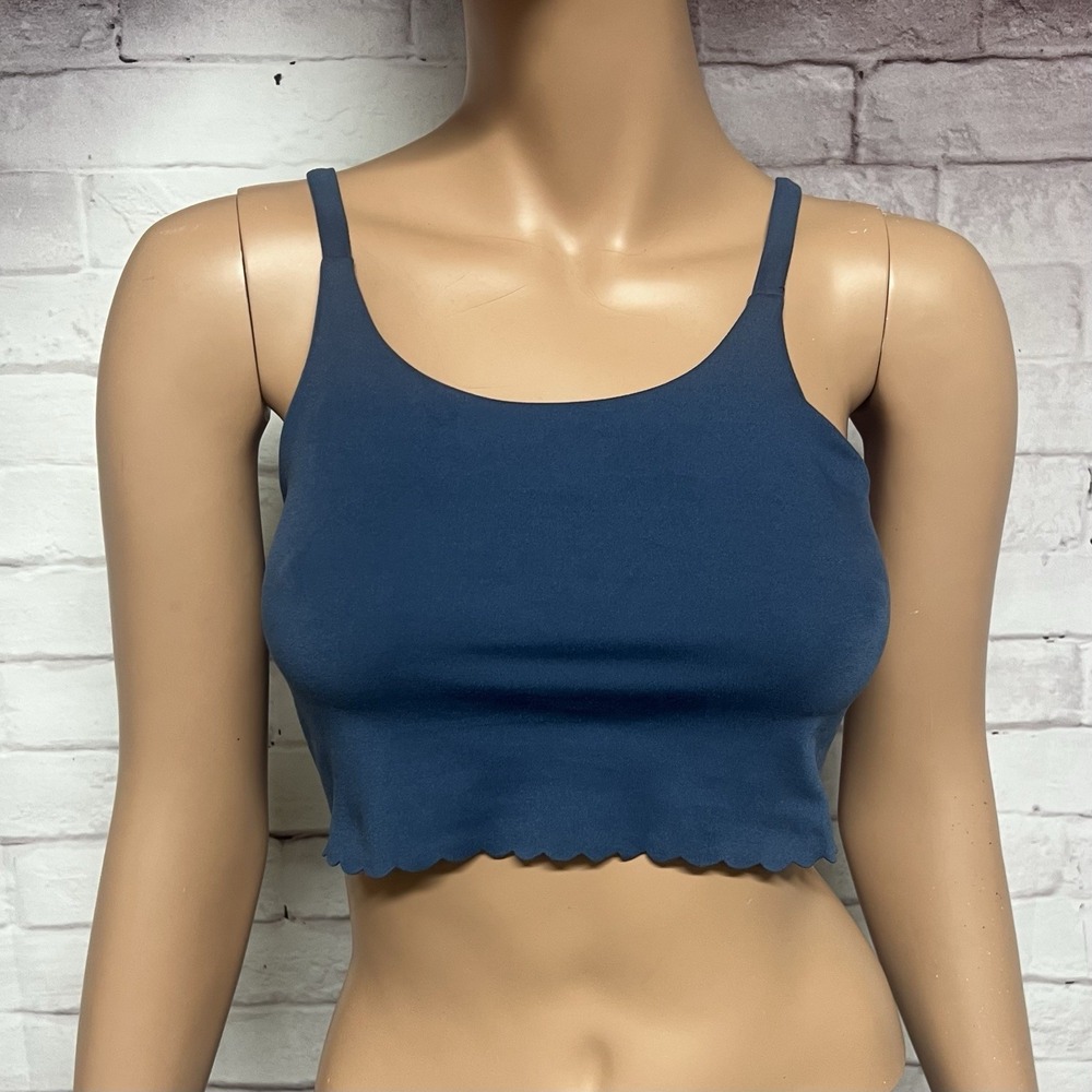 Freely Crop Top Sports Bra Womens Large Blue Scallop Hem Activewear Yoga Fitness